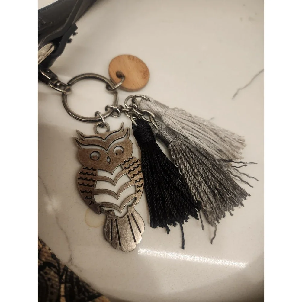 Sakroots Roma Shopper Purse Shoulder Bag Black Gray Cream Crochet Logo Owl FOB